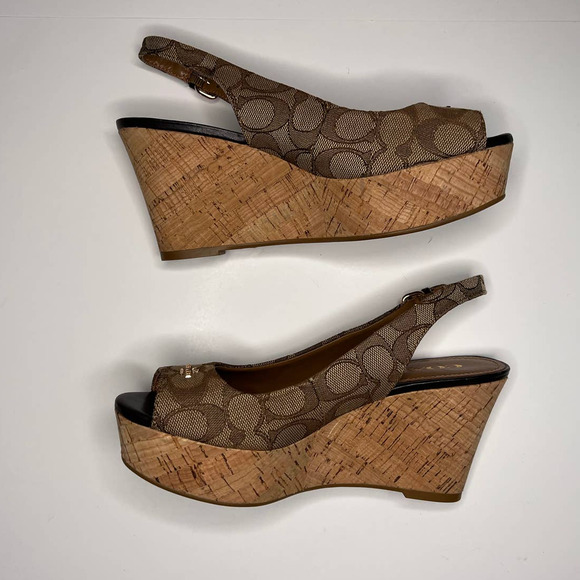 Coach Authentic Ferry Wedges Open Toe Gold Logo Platform Sandals Size 6 AS IS - Picture 2 of 12